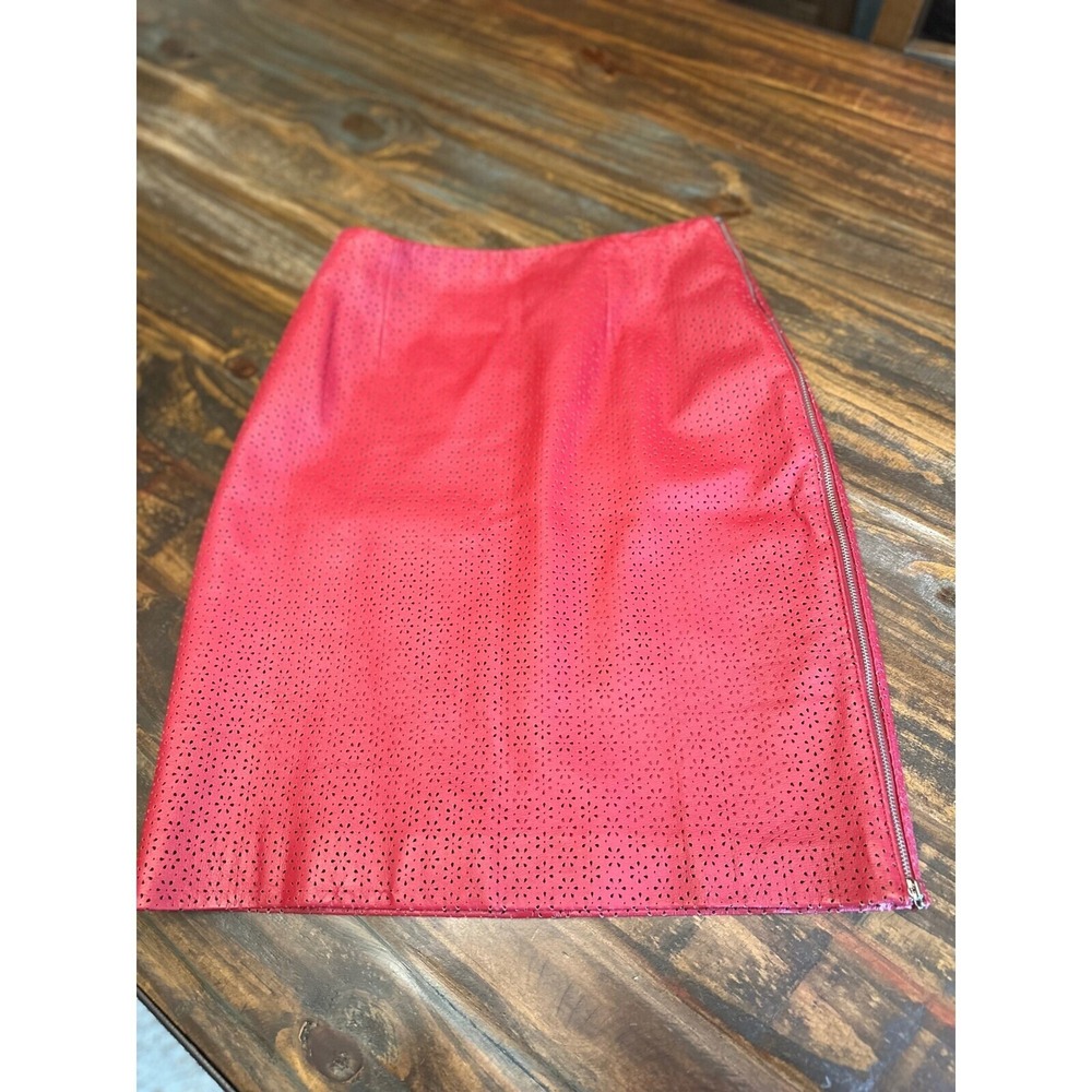 Vintage Bagatelle Leather Red Skirt Laser Cut‎ Full Side Zipper Pencil Mini Sz 6